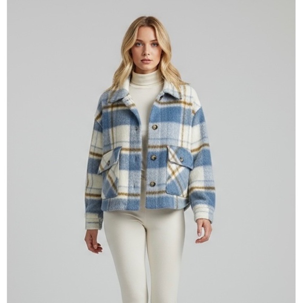 Baby Blue & White Plaid Shacket Jacket Oversized Large MyStyle Layering‎